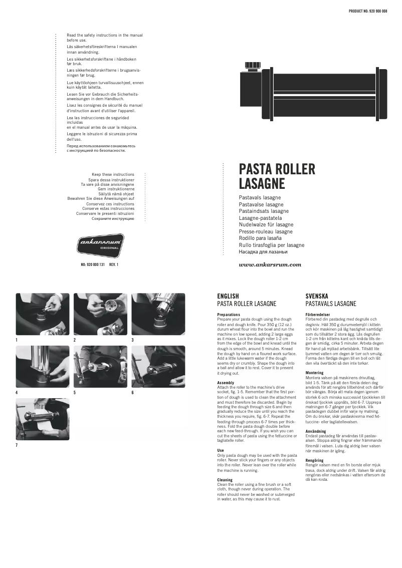 Página 1 del manual Manual de usuario Ankarsrum Pasta Roller Lasagne