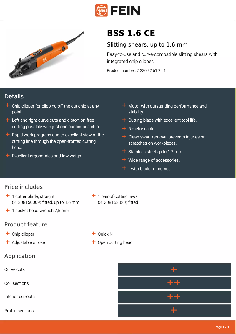 Página 1 del manual Ficha técnica Fein BSS 1.6 CE