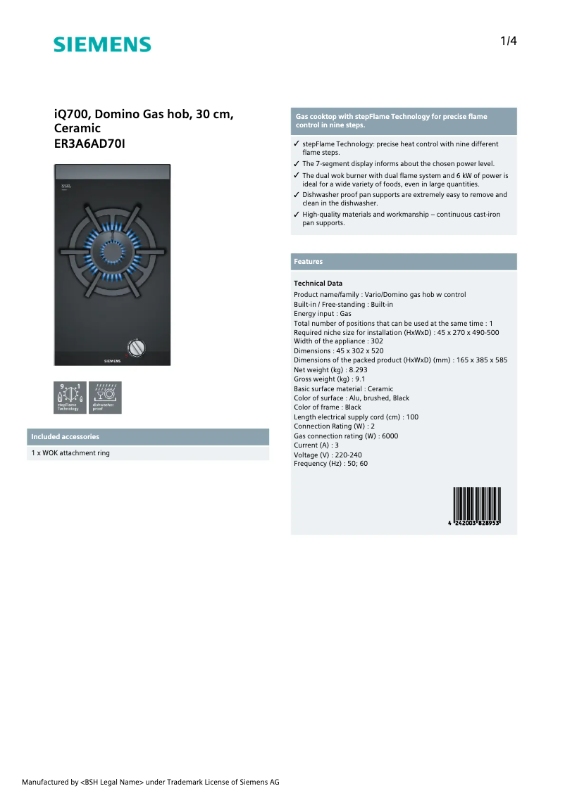 Página 1 del manual Ficha técnica Siemens ER3A6AD70I