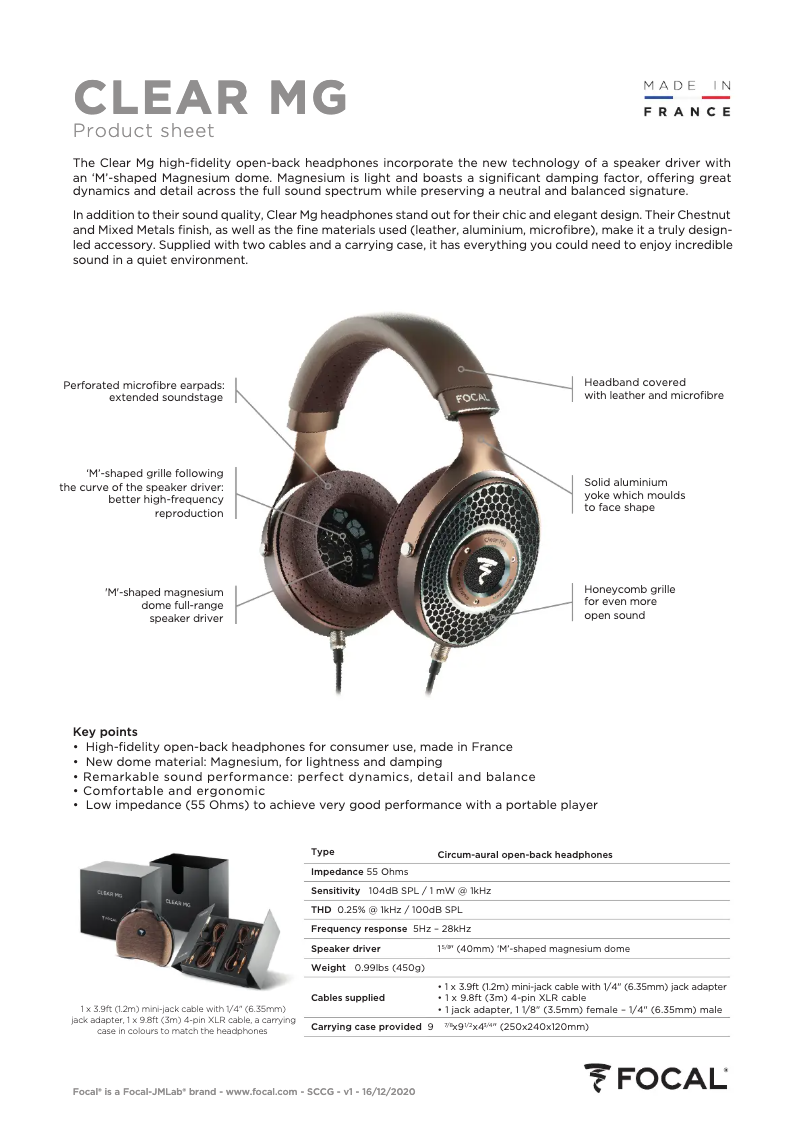 Página 1 del manual Ficha técnica Focal Clear MG Professional