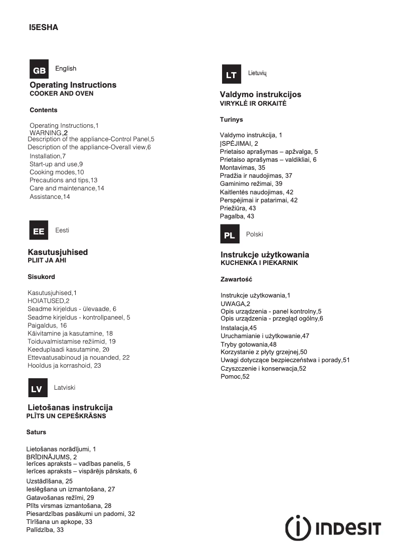 Imagen de la primera página del manual del dispositivo I5ESHA(W)U