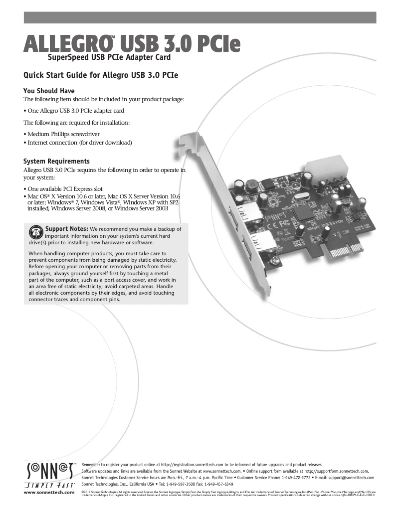 Imagen de la primera página del manual del dispositivo Allegro USB 3.0 PCIe