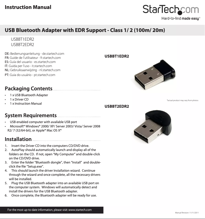 Página 1 del manual Manual de usuario StarTech.com USBBT2EDR2