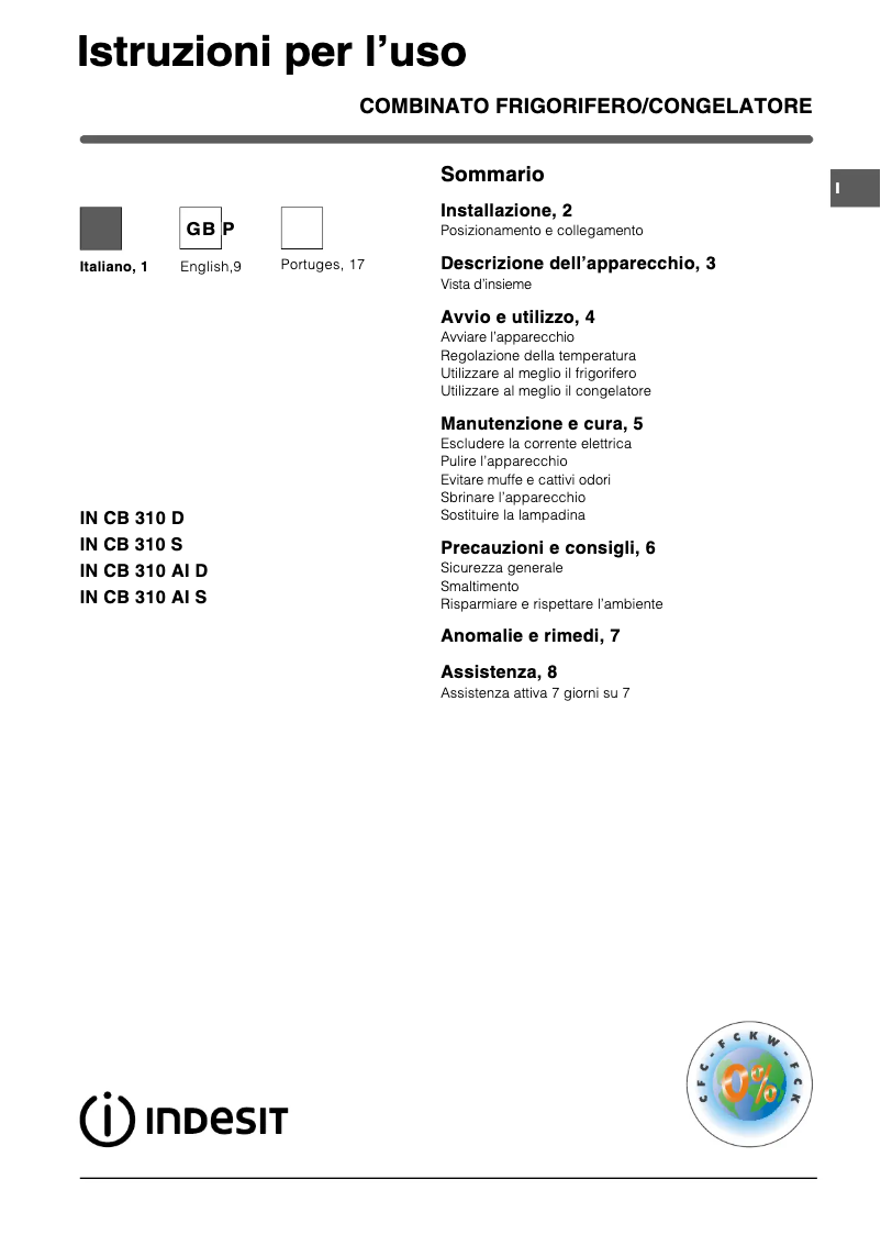 Página 1 del manual Manual de usuario Indesit IN CB 310 S