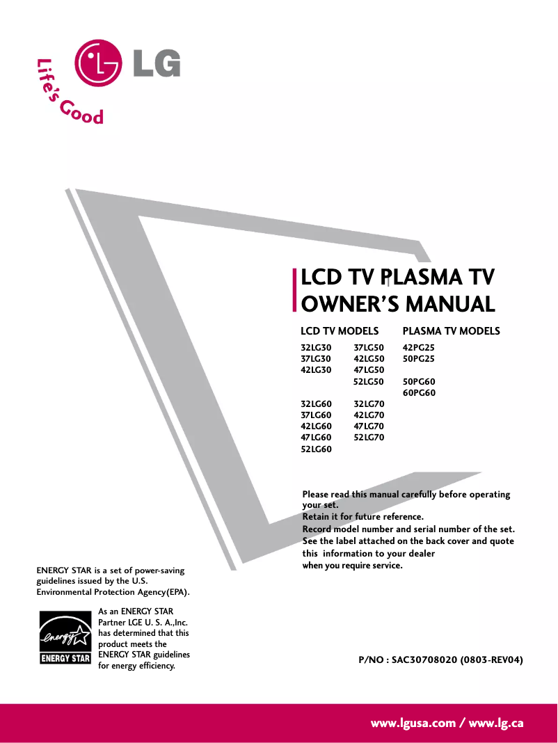 Imagen de la primera página del manual del dispositivo 52LG70
