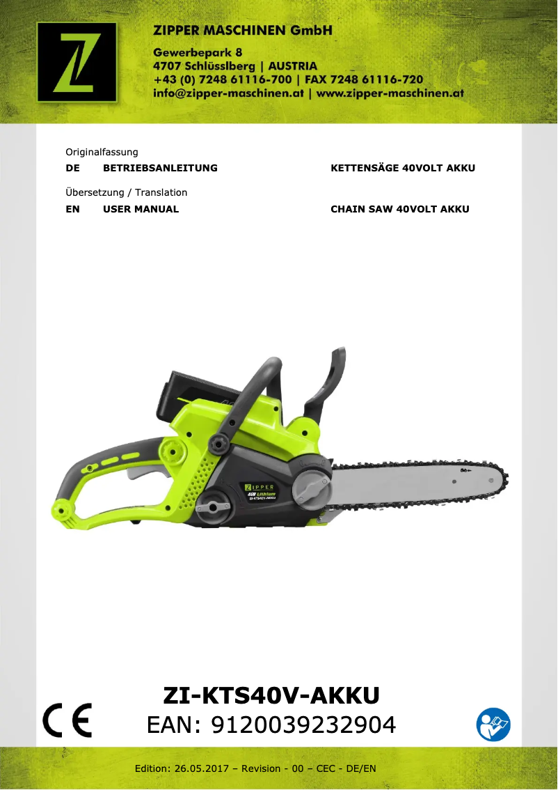 Página 1 del manual Manual de usuario Zipper ZI-KTS40V-AKKU