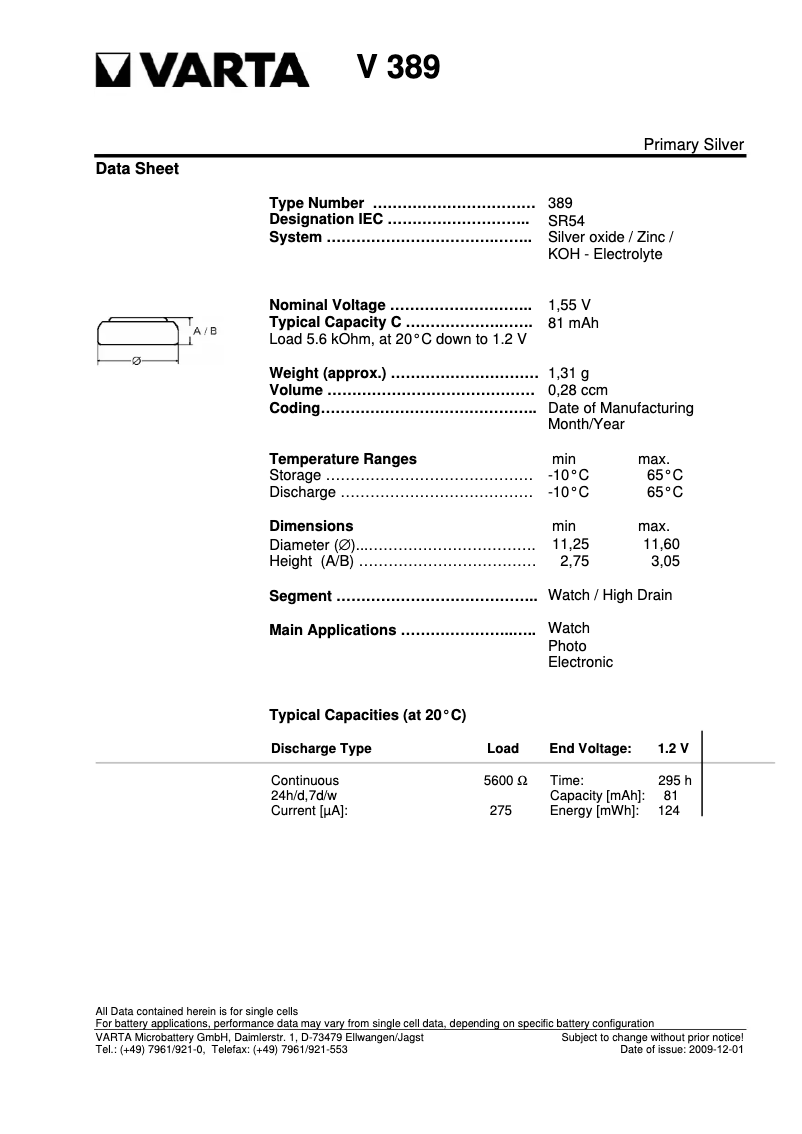 Página 1 del manual Manual de usuario Varta Primary Silver Button V389 / SR 54