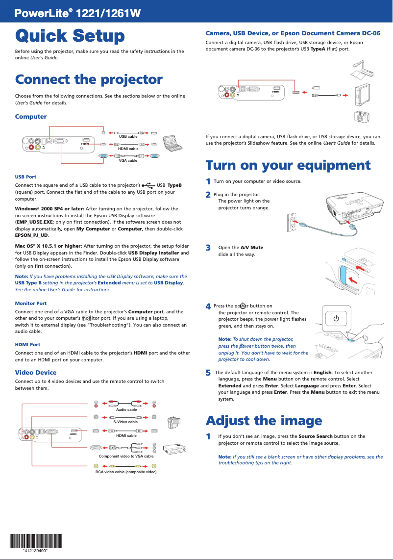 Imagen de la primera página del manual del dispositivo PowerLite 1261W