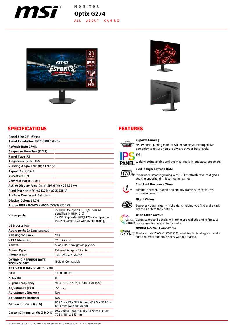 Página nº 1 - Ficha técnica MSI Optix G274