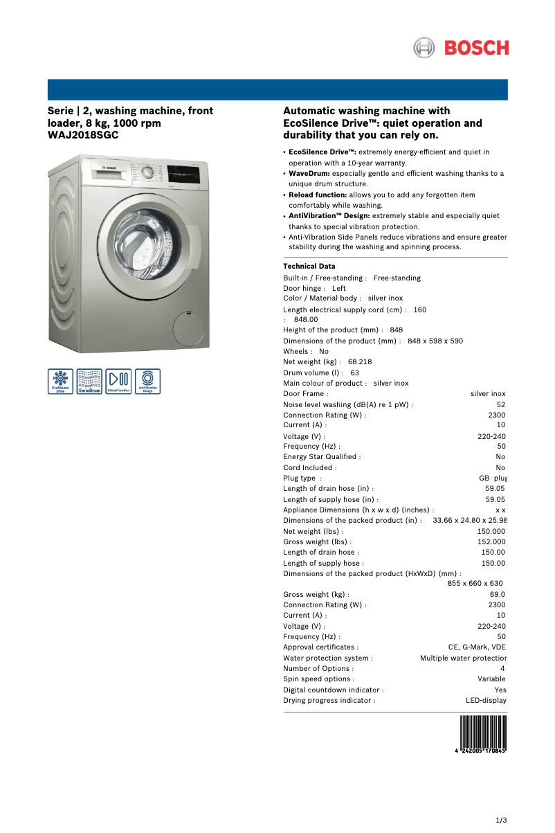 Página 1 del manual Ficha técnica Bosch WAJ2018SGC