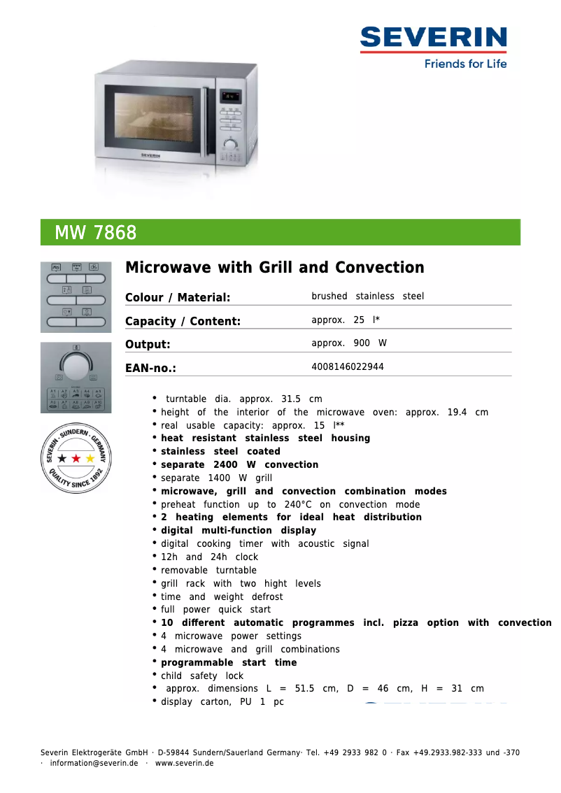 Página 1 del manual Ficha técnica Severin MW 7868