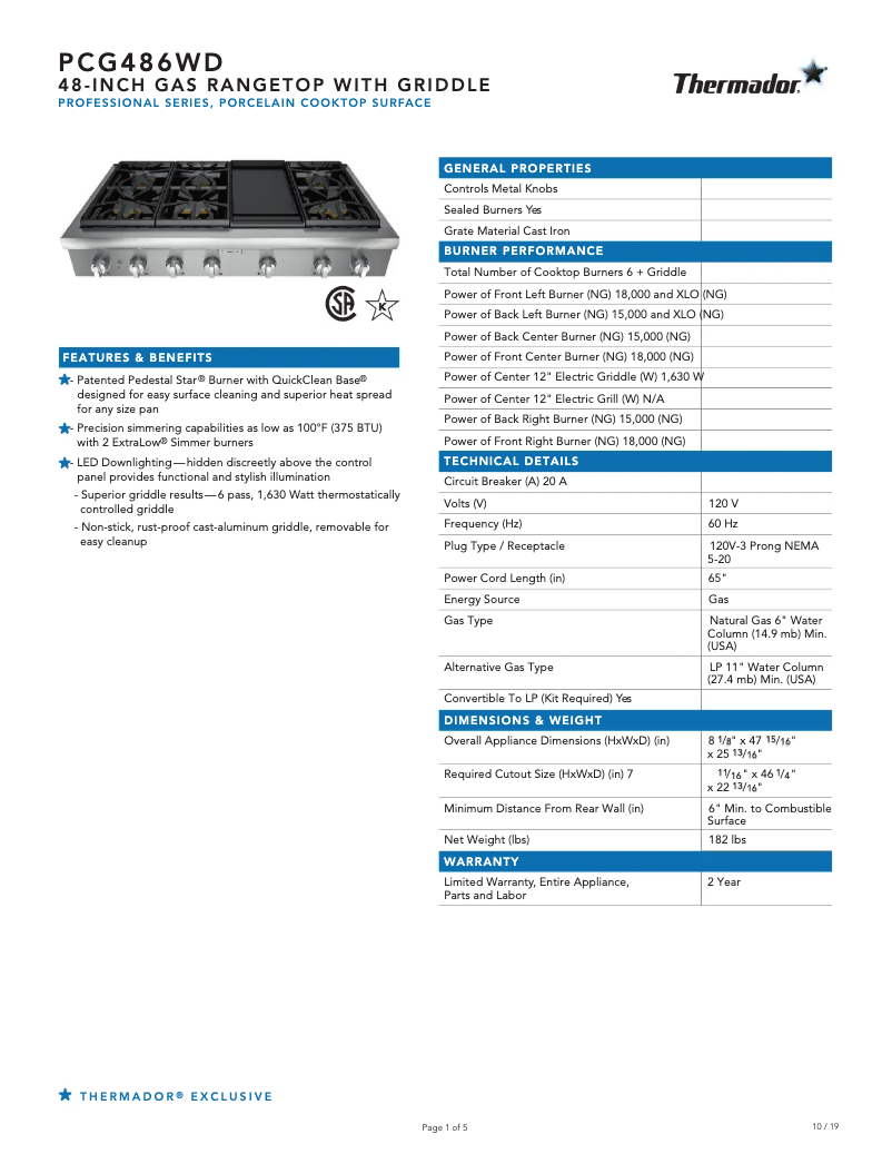 Página 1 del manual Ficha técnica Thermador PCG486WD