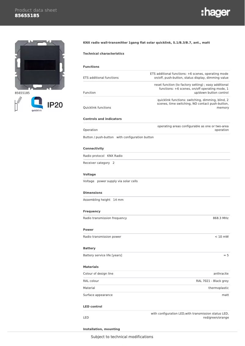 Página 1 del manual Ficha técnica Hager 85655185
