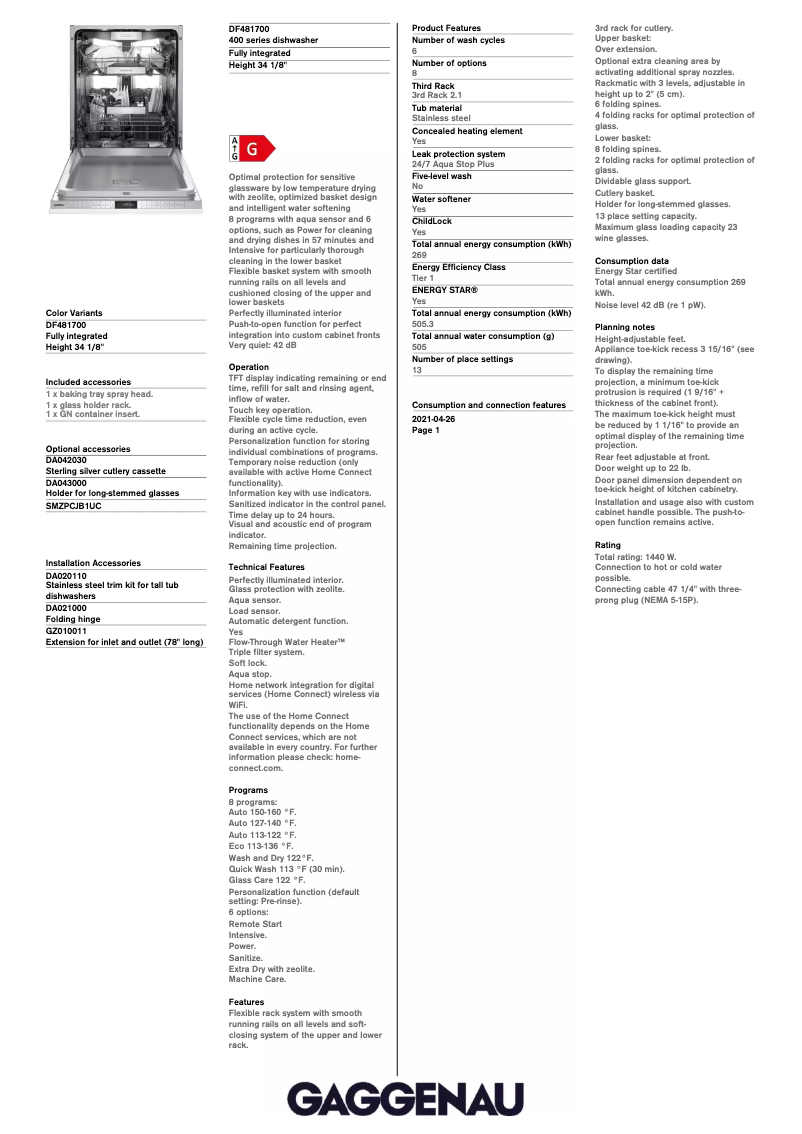 Página 1 del manual Ficha técnica Gaggenau DF481700