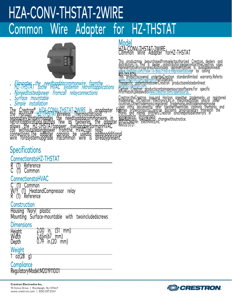 Página 1 del manual Ficha técnica Crestron HZA-CONV-THSTAT-2WIRE