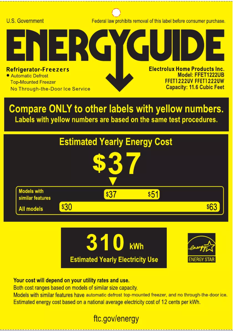 Página 1 del manual Etiqueta energética Frigidaire FFET1222UV