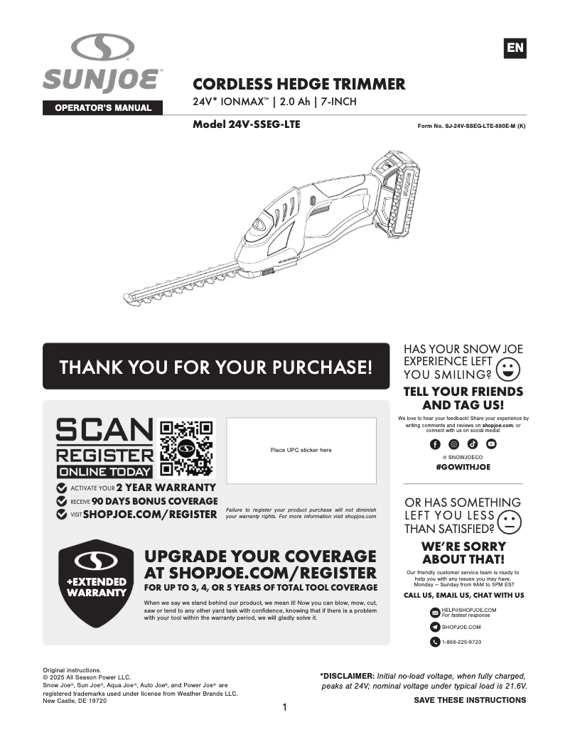 Página 1 del manual Manual de usuario Sun Joe 24V-SSEG-LTE