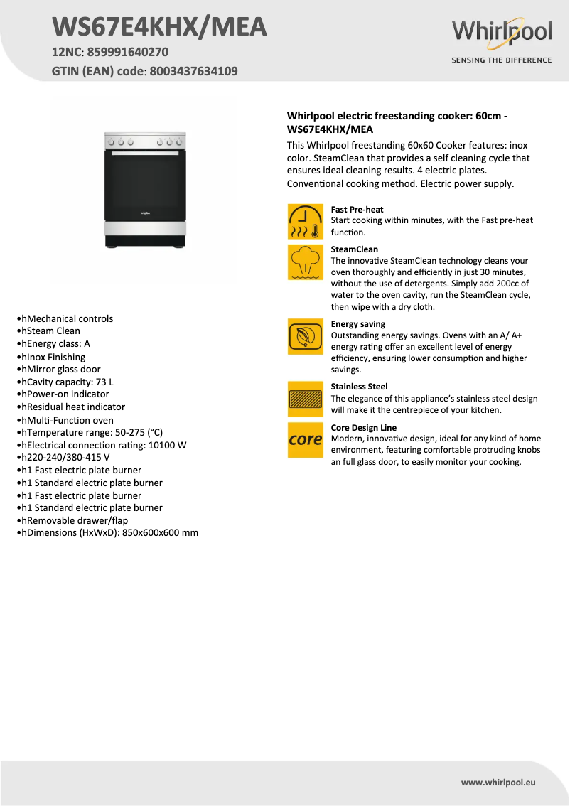 Página 1 del manual Ficha técnica Whirlpool WS67E4KHX