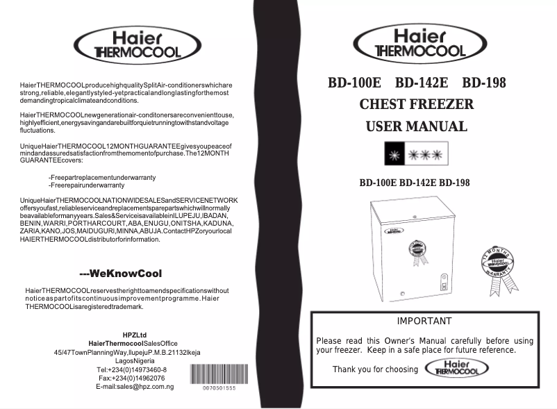 Página 1 del manual Manual de usuario Haier-Thermocool BD-142E