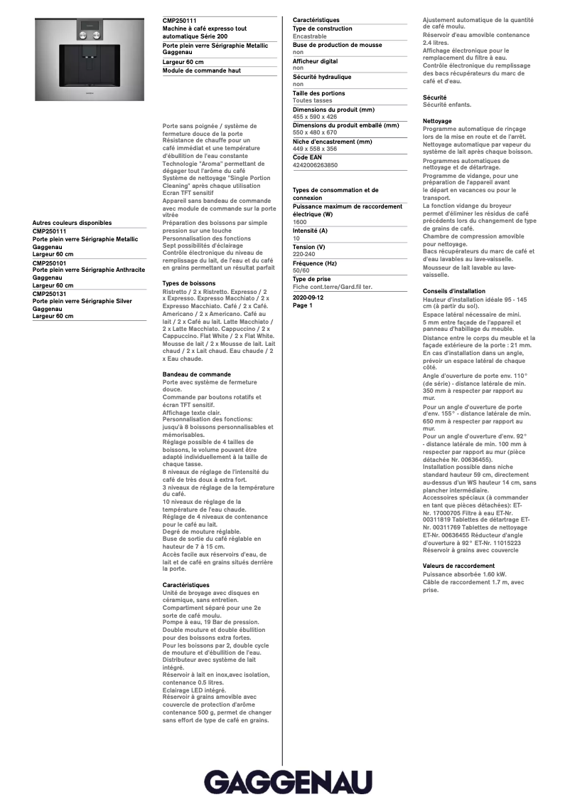 Página 1 del manual Ficha técnica Gaggenau CMP250111