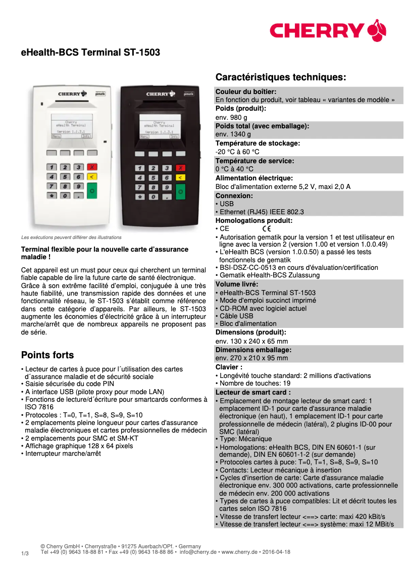 Página 1 del manual Ficha técnica Cherry eHealth-BCS Terminal ST-1503