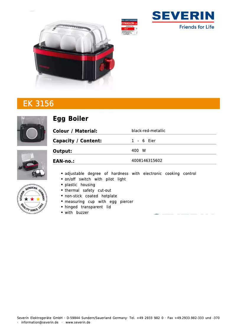 Página 1 del manual Ficha técnica Severin EK 3156