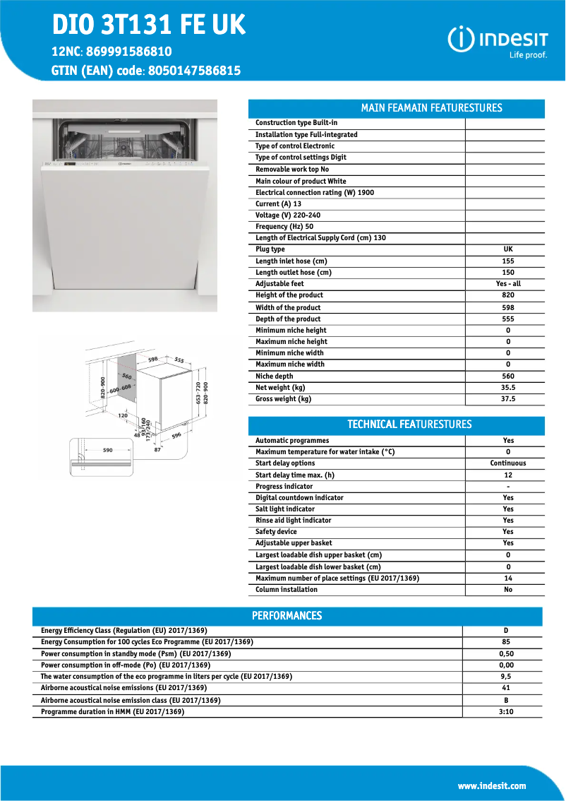 Página 1 del manual Ficha técnica Indesit DIO 3T131 FE UK