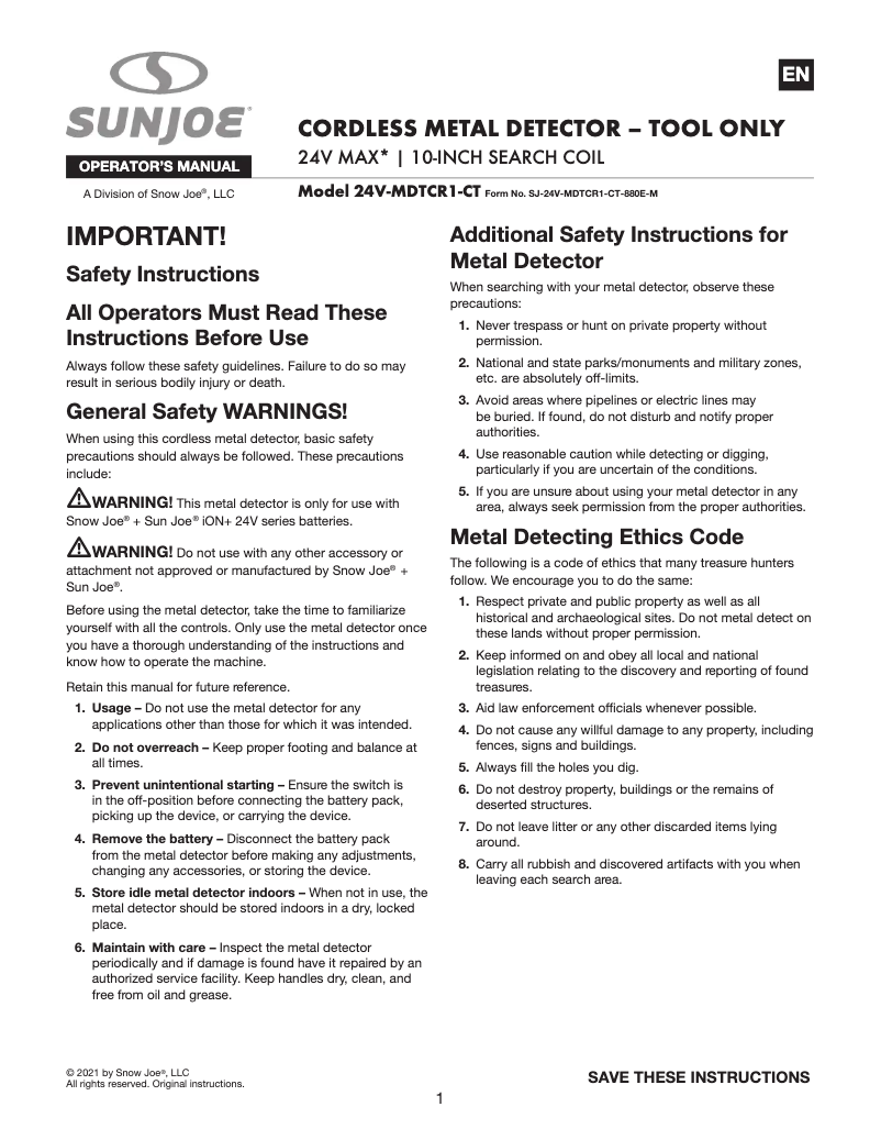 Página 1 del manual Manual de usuario Sun Joe 24V-MDTCR1-CT