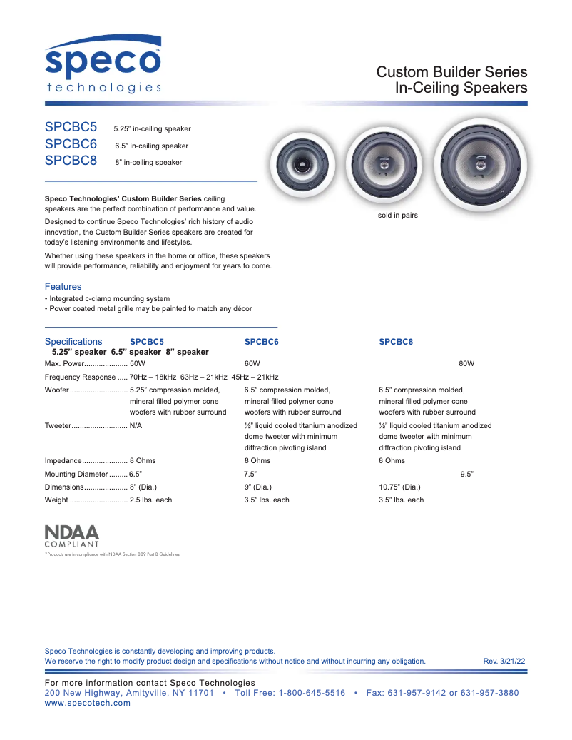 Página 1 del manual Ficha técnica Speco Technologies SPCBC6