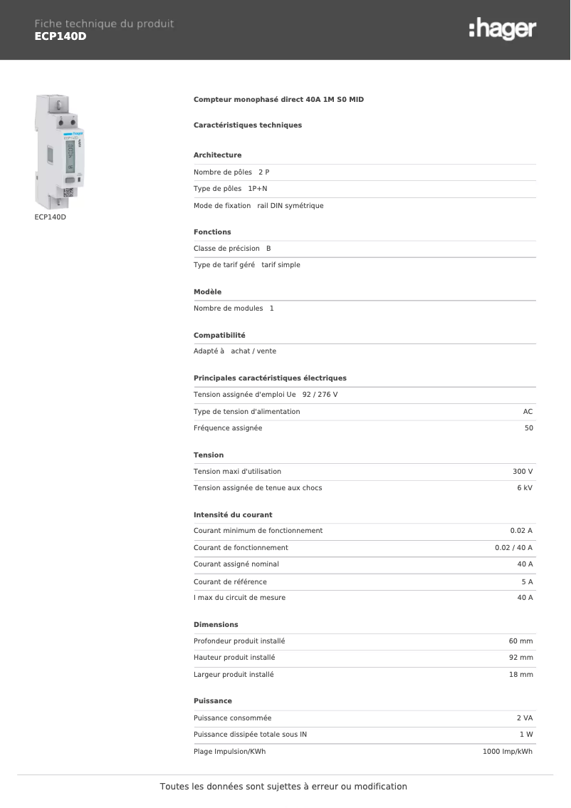 Página 1 del manual Ficha técnica Hager ECP140D