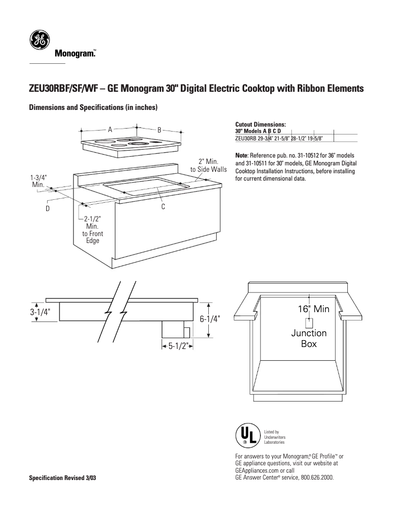 Página 1 del manual Ficha técnica GE ZEU30RWFWW