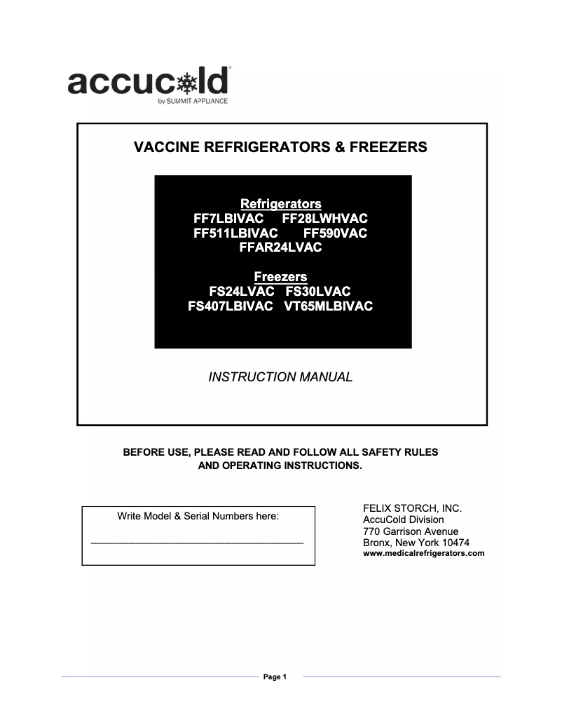 Imagen de la primera página del manual del dispositivo Accucold FS24LVAC