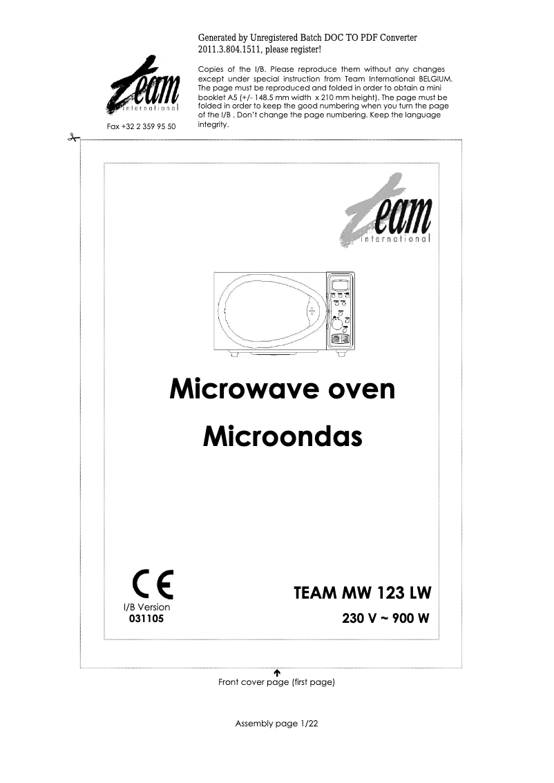 Imagen de la primera página del manual del dispositivo MW 123