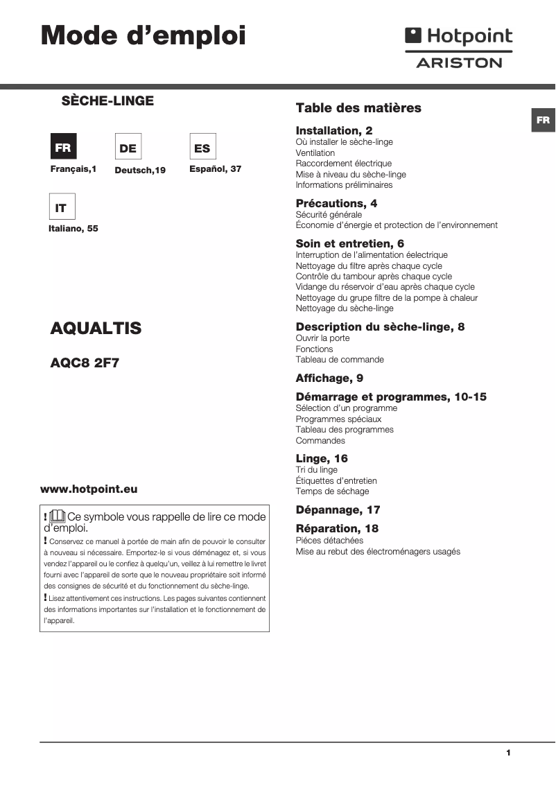 Imagen de la primera página del manual del dispositivo AQUALTIS AQC8 2F7