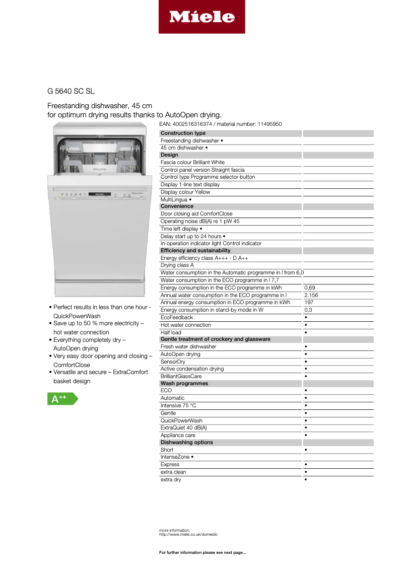 Página 1 del manual Ficha técnica Miele G 5640 SC SL