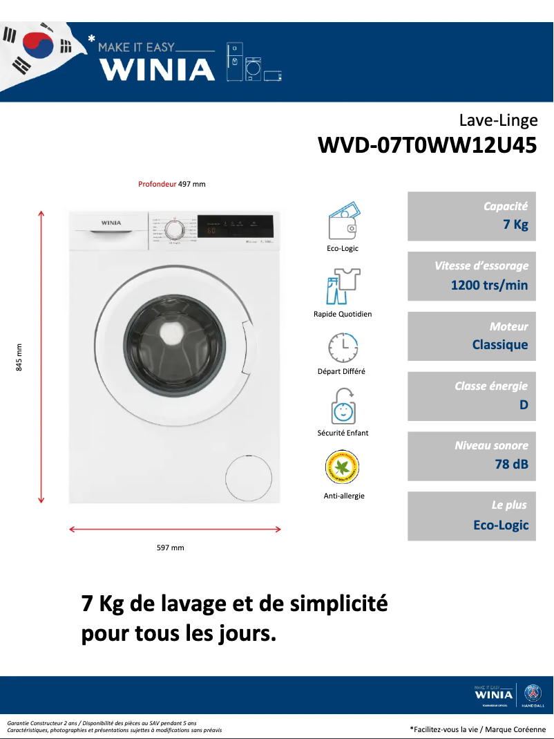 Página 1 del manual Ficha técnica Winia WVD-07T0WW12U45