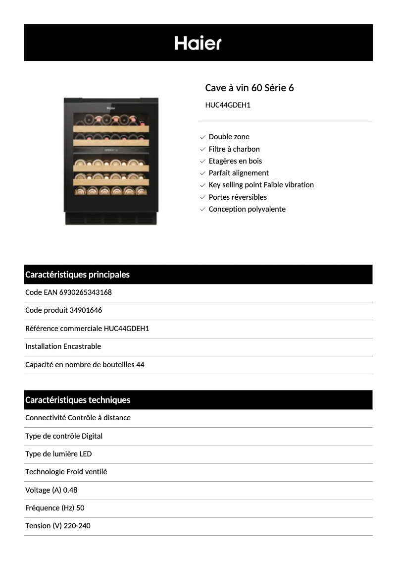 Página 1 del manual Ficha técnica Haier HUC44GDEH1