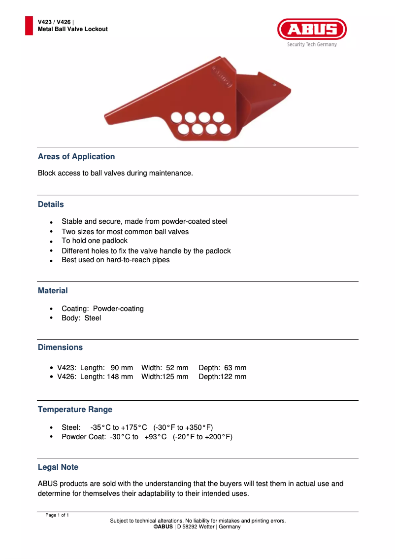 Página 1 del manual Ficha técnica Abus V423