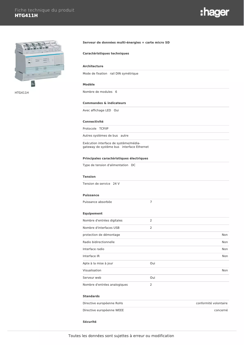 Página 1 del manual Ficha técnica Hager HTG411H