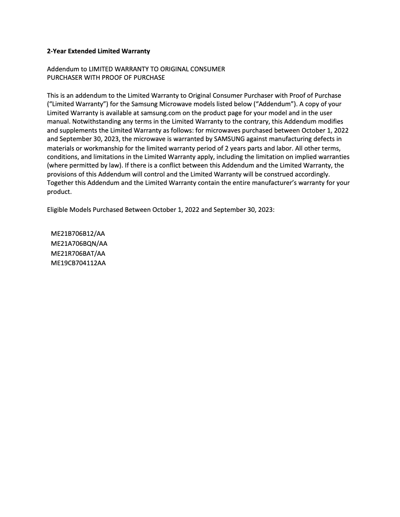 Página 1 del manual Información de garantía Samsung ME19CB704112A