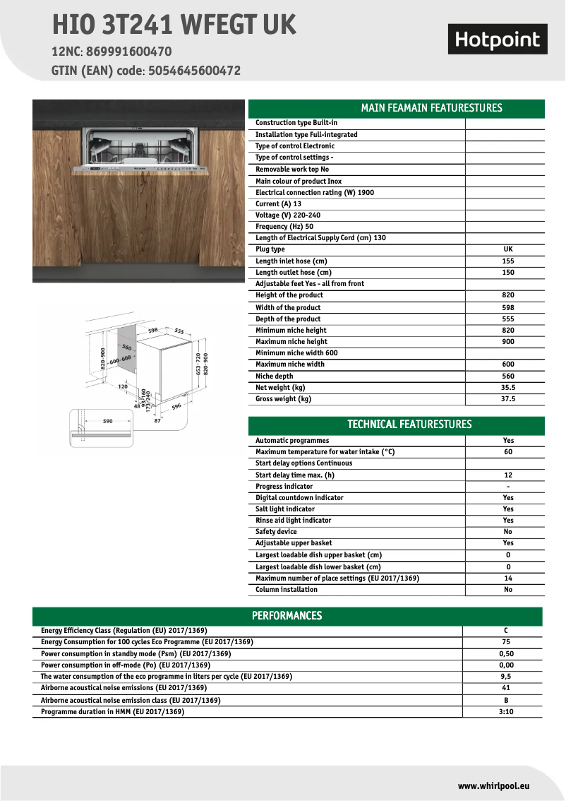 Página 1 del manual Ficha técnica Hotpoint HIO 3T241 WFEGT UK