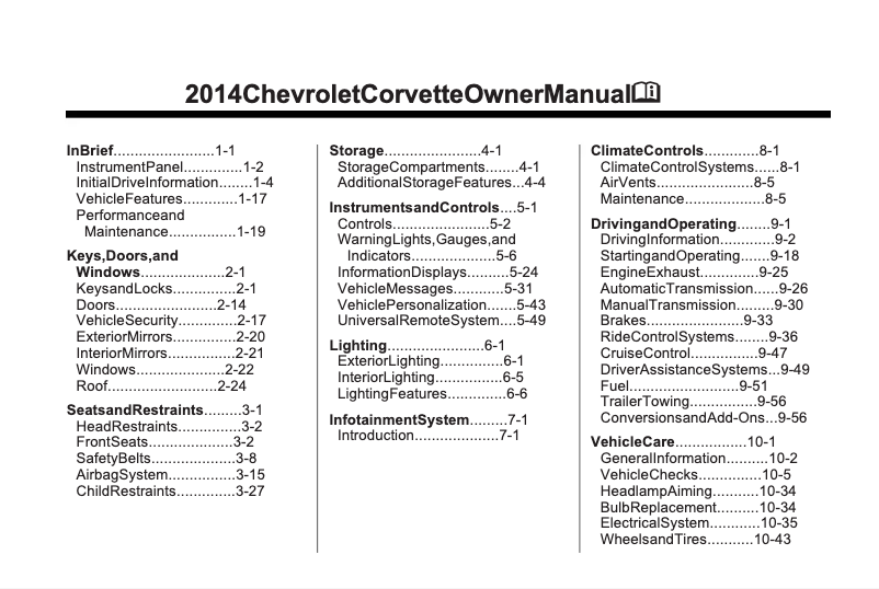 Imagen de la primera página del manual del dispositivo Corvette Stingray (2014)