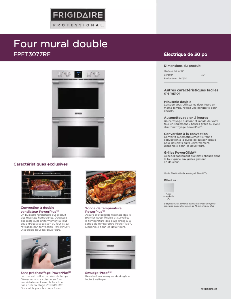 Página 1 del manual Ficha técnica Frigidaire FPET3077RF