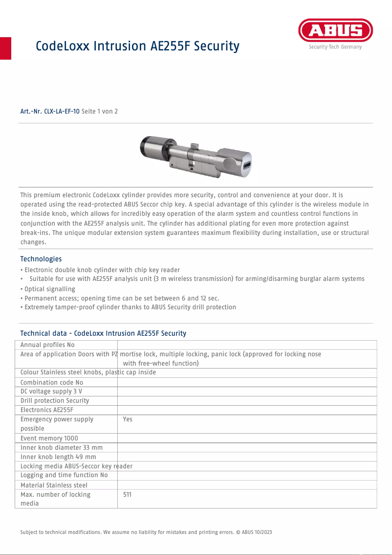 Página 1 del manual Ficha técnica Abus CLX-LA-EF-10