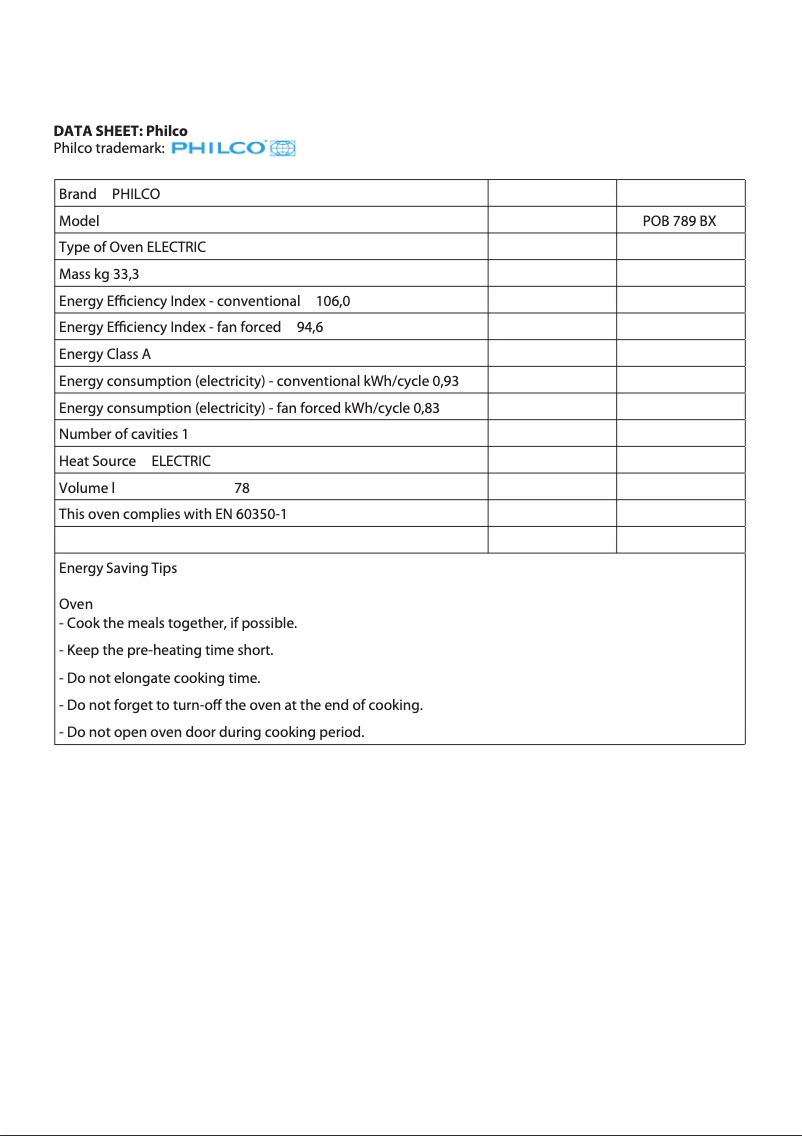 Página 1 del manual Ficha técnica Philco POB 789 BX
