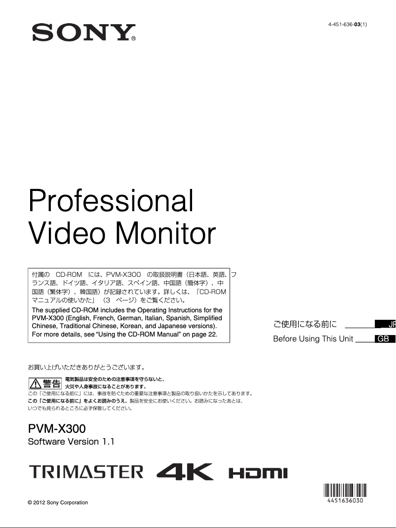 Imagen de la primera página del manual del dispositivo PVM-X300