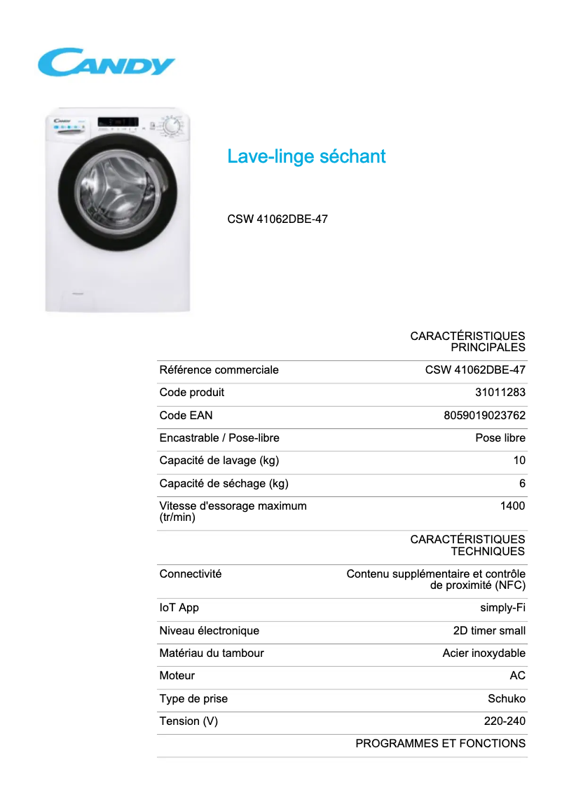 Página 1 del manual Ficha técnica Candy CSW 41062DBE-47