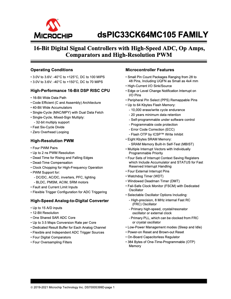 Imagen de la primera página del manual del dispositivo dsPIC33CK64MC102