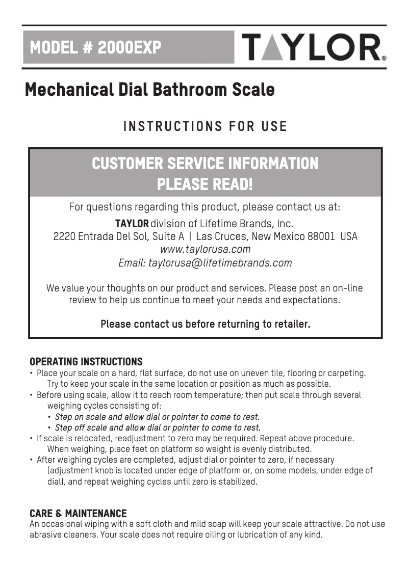 Página 1 del manual Manual de usuario Taylor 2000EXP