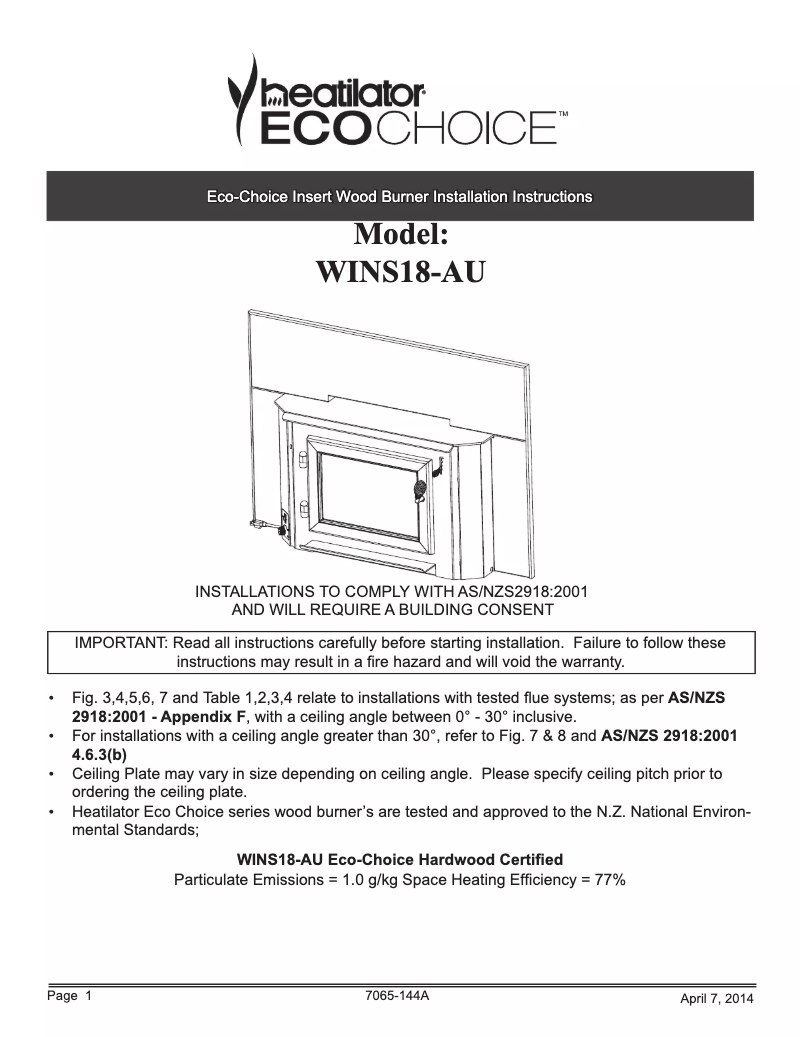 Página nº 1 - Manual de usuario Quadra-Fire WINS18-AU